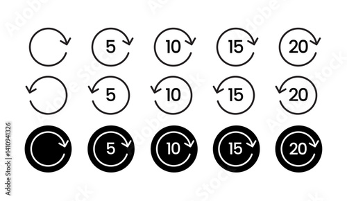 Black and White Skip Forward and Backward 5 10 15 20 Seconds Icon Set Vector with Transparent Background for Media Player UI Audio Video App Control Navigation Minimal Flat Style icon Pack