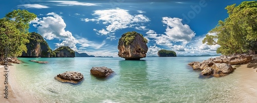 Panoramic View of Phuket Island Featuring James Bond Island and Karon Beach with Turquoise Water and Lush Tropical Nature