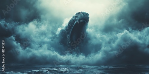 A terrifying dinosaur emerges from a raging ocean during a dark storm.  Its open jaws and intense expression create a dramatic scene. Perfect for fantasy or horror projects.