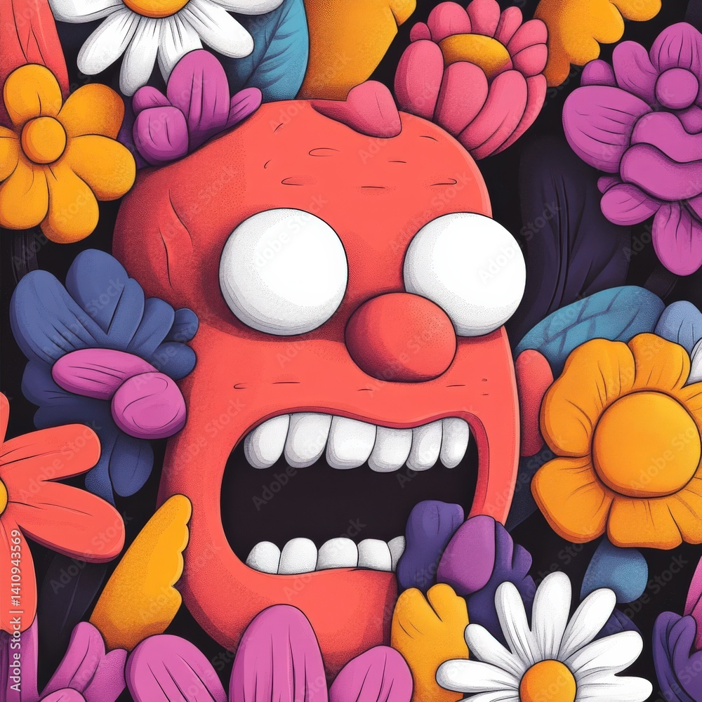 Cartoon character surrounded by flowers Cartoon character surrounded by flowers