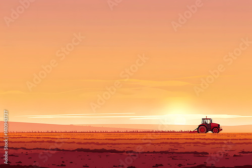 A tractor is driving on the field, plowing and planting crops at sunset. The background features a clear sky with warm colors of orange and pink. There's an 