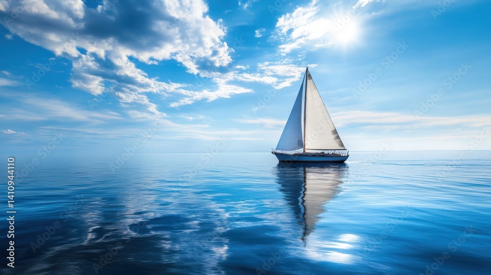 Obraz premium A sailboat glides across a tranquil, sunlit sea.