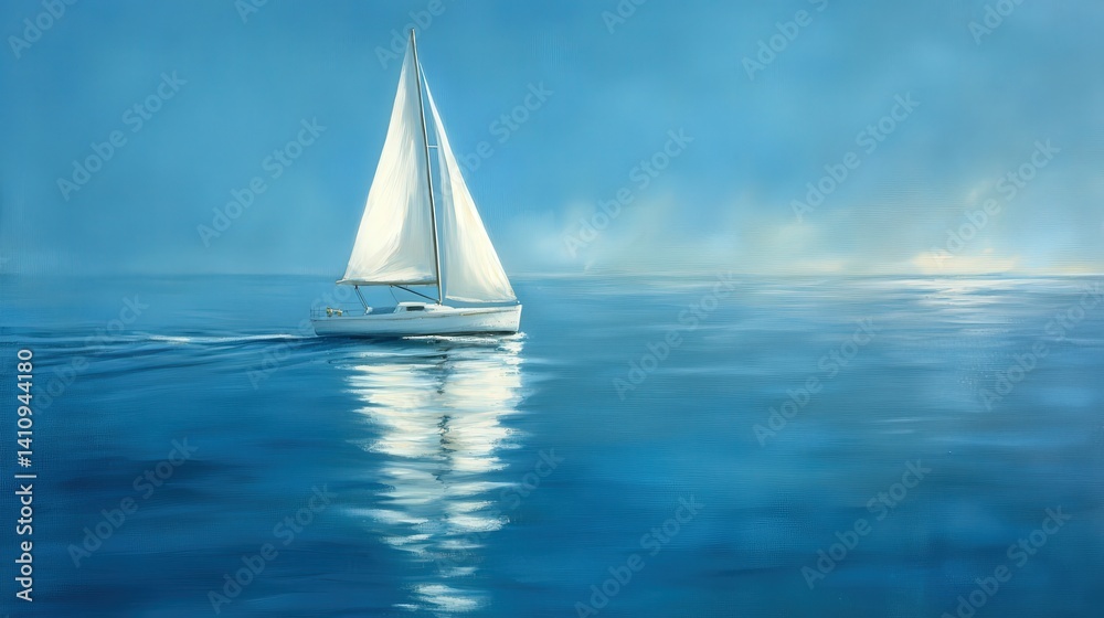 Obraz premium A tranquil sailboat glides across a serene azure sea.
