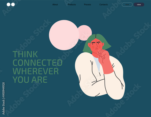 Thinking people, modern flat vector concept illustration- woman standing thoughtfully, looking sideways, bubble near head Metaphor for reflection, analysis, introspection, contemplation, deep thought
