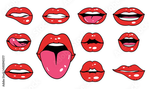 Lips patch collection vector illustration with glossy pink lips, glitter elements, lip print stickers, pop art design elements for fashion badges, pins, emoji packs, girly vector graphics