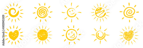 Set of abstract sun icons collection with various sun shapes and line styles, bright summer symbols, flat minimal design elements for weather forecast, travel logo and nature-themed concepts