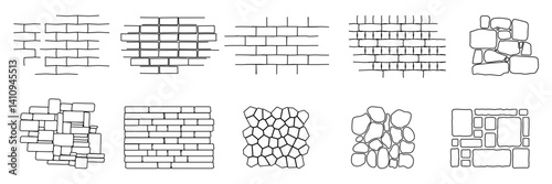 Brick and stone wall texture doodles set, hand drawn grunge wall pattern illustrations, sketch style construction surface backgrounds, rough ink vector design elements for textures and decoration