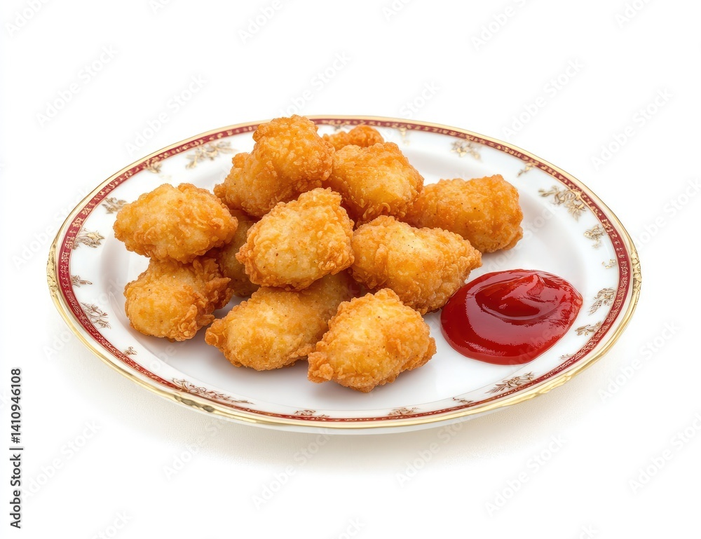 Golden-brown, crispy fried snacks served with ketchup on an ornate plate