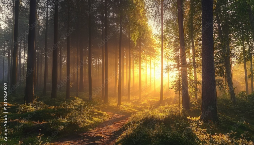 Fototapeta premium Sunrise in the Forest with Tall Trees and Sunlight Filtering Through