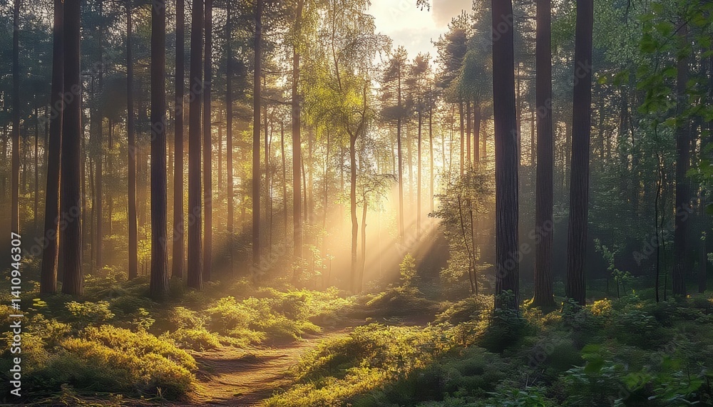 Fototapeta premium Sunrise in the Forest with Tall Trees and Sunlight Filtering Through