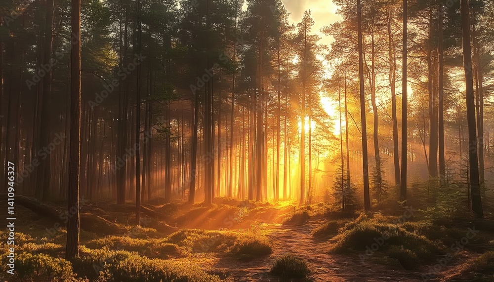 Obraz premium Sunrise in the Forest with Tall Trees and Sunlight Filtering Through