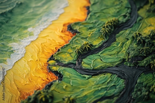 Coastal landscape impasto painting; textured beach, river, lush vegetation