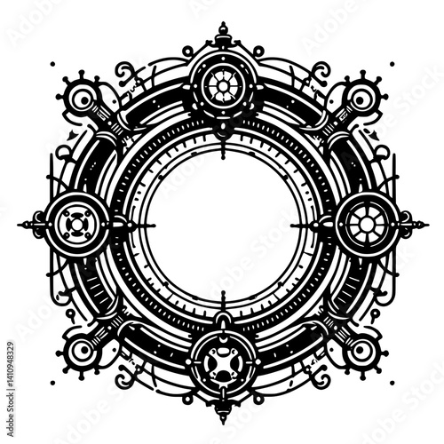Ornate Steampunk Frame: Decorative Black & White Circle Border
