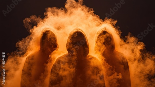 Hooded figures in smoky haze