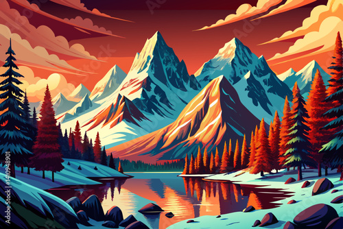 illustration of Snow covered Andes mountains and lake and pine trees at sunset time