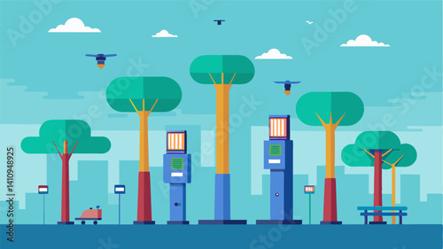 On street corners charging kiosks resembling futuristic trees stood tall offering power to passing air taxis.. Vector illustration