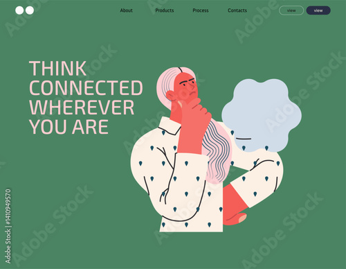 Thinking people, modern flat vector concept illustration- woman standing thoughtfully, looking upwards, bubble near head Metaphor for reflection, analysis, introspection, contemplation, deep thought