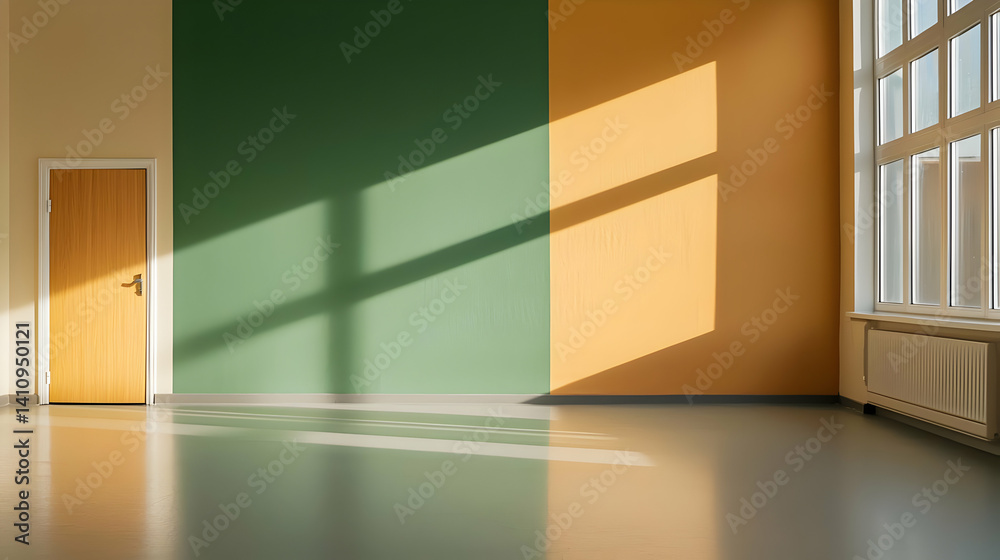 Empty Modern Room With Green And Orange Walls And Sunlight Shadows