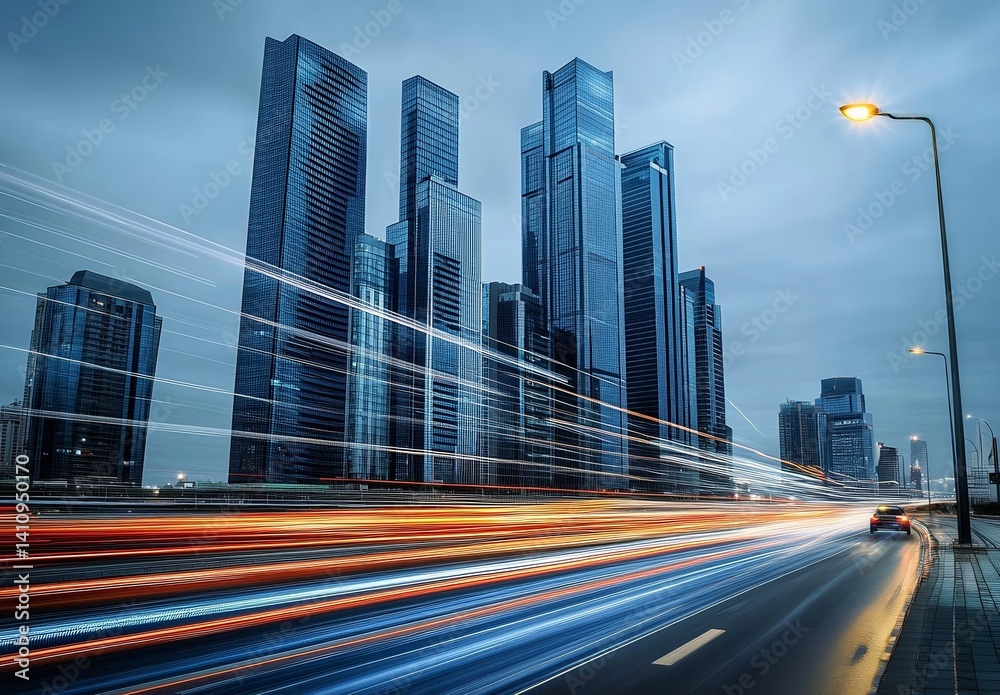 Fototapeta premium Long-Exposure Cityscape with Skyscrapers and Light Streaks of Cars