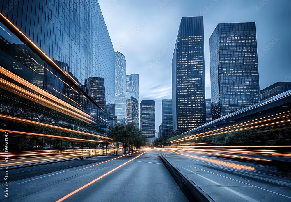 Obraz premium Long-Exposure Cityscape with Skyscrapers and Light Streaks of Cars