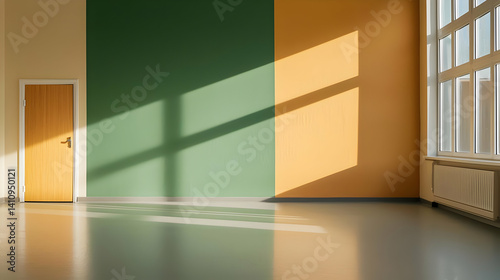 Obraz na płótnie Empty Modern Room With Green And Orange Walls And Sunlight Shadows w salonie