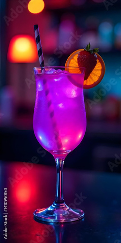 Colorful cocktail with orange, strawberry, cherry and lime on the dark background with blurred lights in the bar