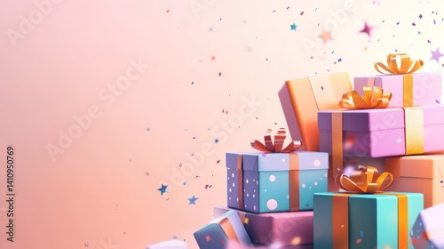 A celebration of giving, Stacked pastel gifts with festive confetti showers