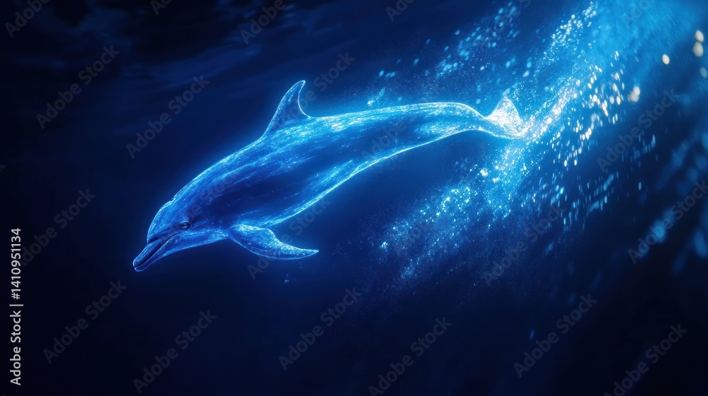 Fototapeta premium Luminous dolphin gliding through the ethereal deep blue ocean water