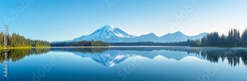 Panoramic View of Mount Rainier Reflected in Lake under Clear Blue Sky in Washington State, High-Resolution Scenic Landscape Photography