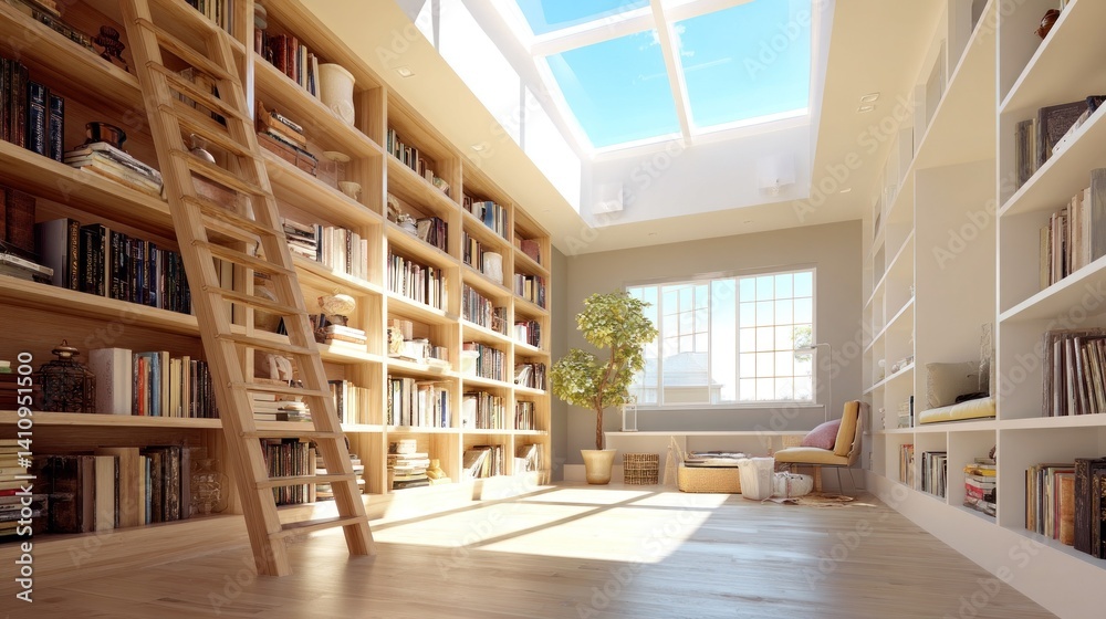 Bright sunlit home library with ladder and skylights