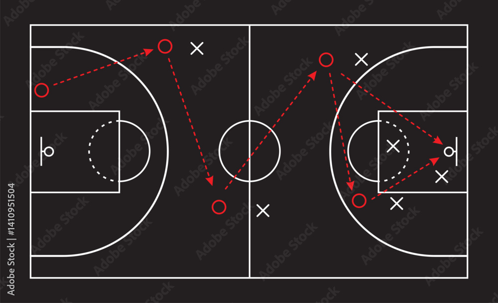 Fototapeta premium Basketball strategy field, game tactic . Hand drawn basketball game scheme, learning blackboard, vector illustration.