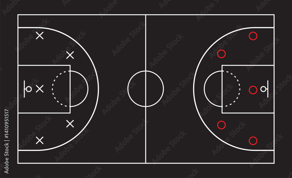 Fototapeta premium Basketball strategy field, game tactic . Hand drawn basketball game scheme, learning blackboard, vector illustration.
