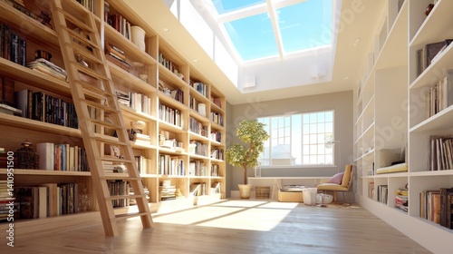 Obraz na płótnie Bright sunlit home library with ladder and skylights w salonie