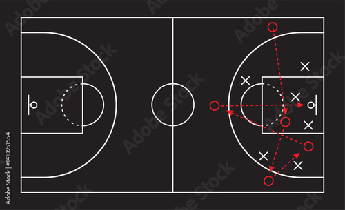 Basketball strategy field, game tactic . Hand drawn basketball game scheme, learning blackboard,  vector illustration.