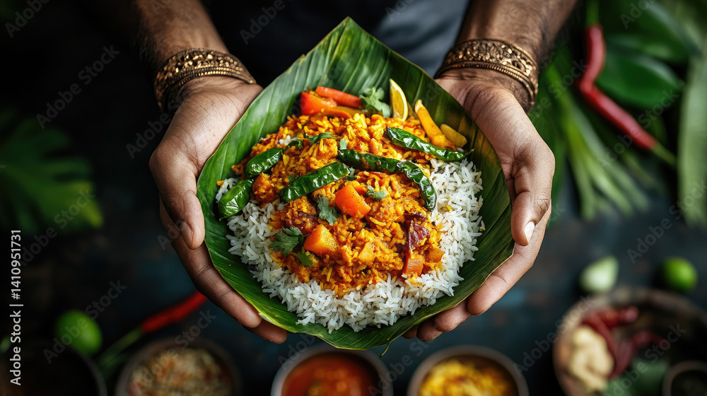 Indian man's hands holding palm leaf with curry rice and vegetables, India, national food, charity meal in Hindu temple, chicken masala, spicy, paneer, bowl