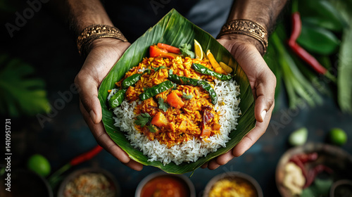 Obraz na płótnie Indian man's hands holding palm leaf with curry rice and vegetables, India, national food, charity meal in Hindu temple, chicken masala, spicy, paneer, bowl w salonie