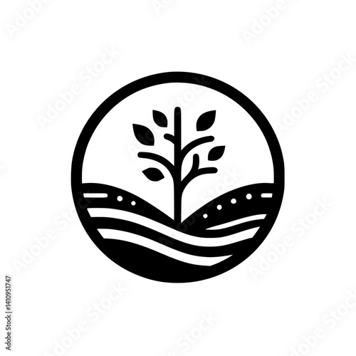 Minimalist Nature Logo: Tree & Hills within Circle, Black and White
