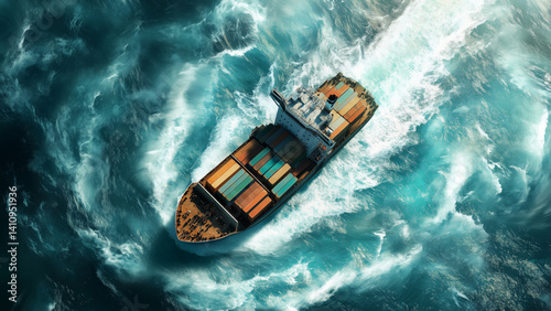 Aerial view of cargo ship sailing through turquoise ocean with container freight
