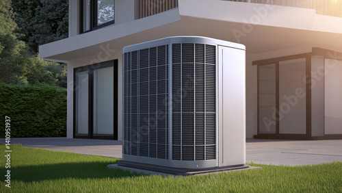 Modern heat pump system installed outside contemporary smart home
