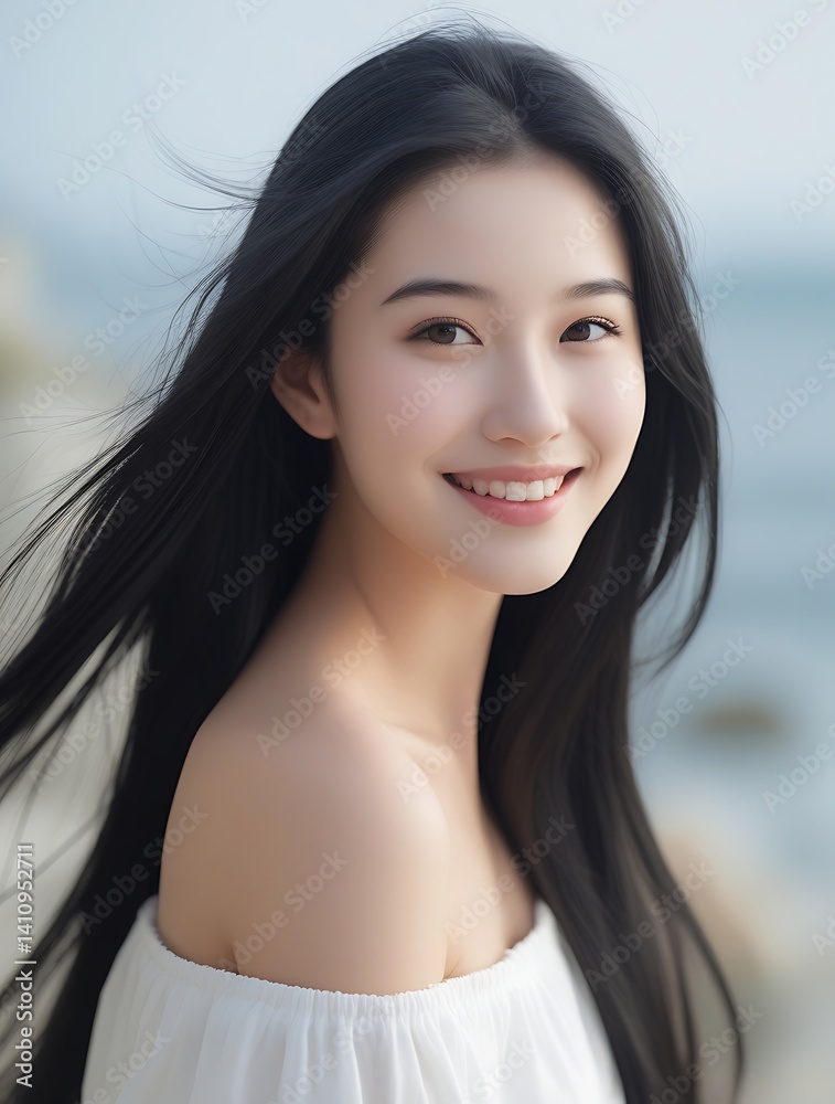 Portrait of a smiling young woman with long black hair, standing outdoors by the sea with the wind gently blowing, radiating natural beauty, happiness, and serenity
Portrait of a smiling young woman with long black hair, standing outdoors by the sea with the wind gently blowing, radiating natural beauty, happiness, and serenity