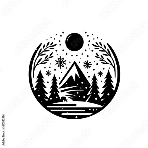 Winter Circle Illustration: Mountain Landscape, Snow, Forest, Vector