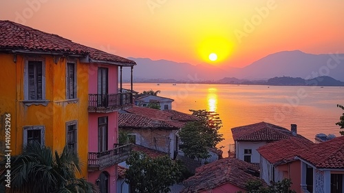 Colorful waterfront town at sunrise