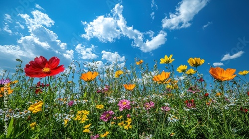 Colorful wildflowers under a vibrant sky