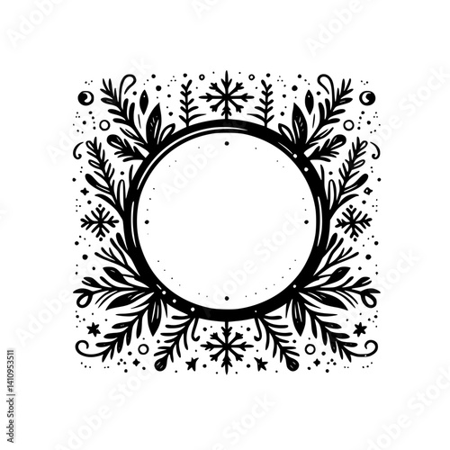 Winter Snowflake & Leaf Circle Frame Illustration