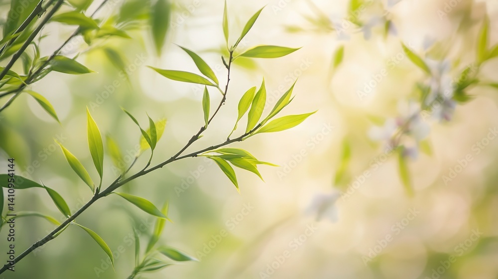 Obraz premium Delicate Willow Branches with Fresh Green Leaves, Soft Sunlight, Blurred Spring Blossoms, Serene Natural Scene