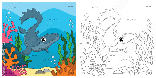 cute cartoon mosasaurus, funny illustration, coloring book for kids and children.