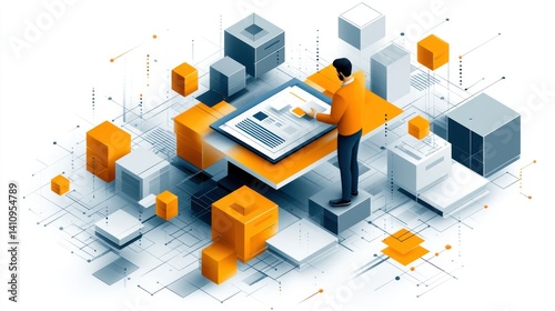 Modern digital technology, a person interacting with a large tablet, surrounded by data centers and network components