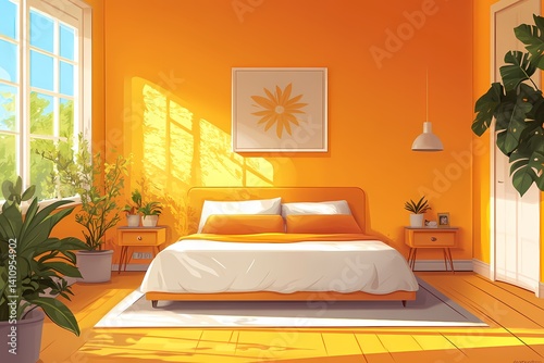 Bright Modern Bedroom Interior Design with Orange Accents, Sunlight, and Indoor Plants for a Cozy, Tranquil Atmosphere
