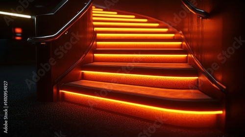 Glowing stairs ascend in darkness, modern design with handrail and warm lighting