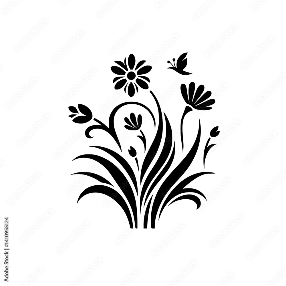 Black Floral Silhouette with Butterfly: Minimalist Design Element Black Floral Silhouette with Butterfly: Minimalist Design Element
